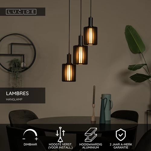Lucide LAMBRES - Hanglamp - 3xE27 - Zwart - USP